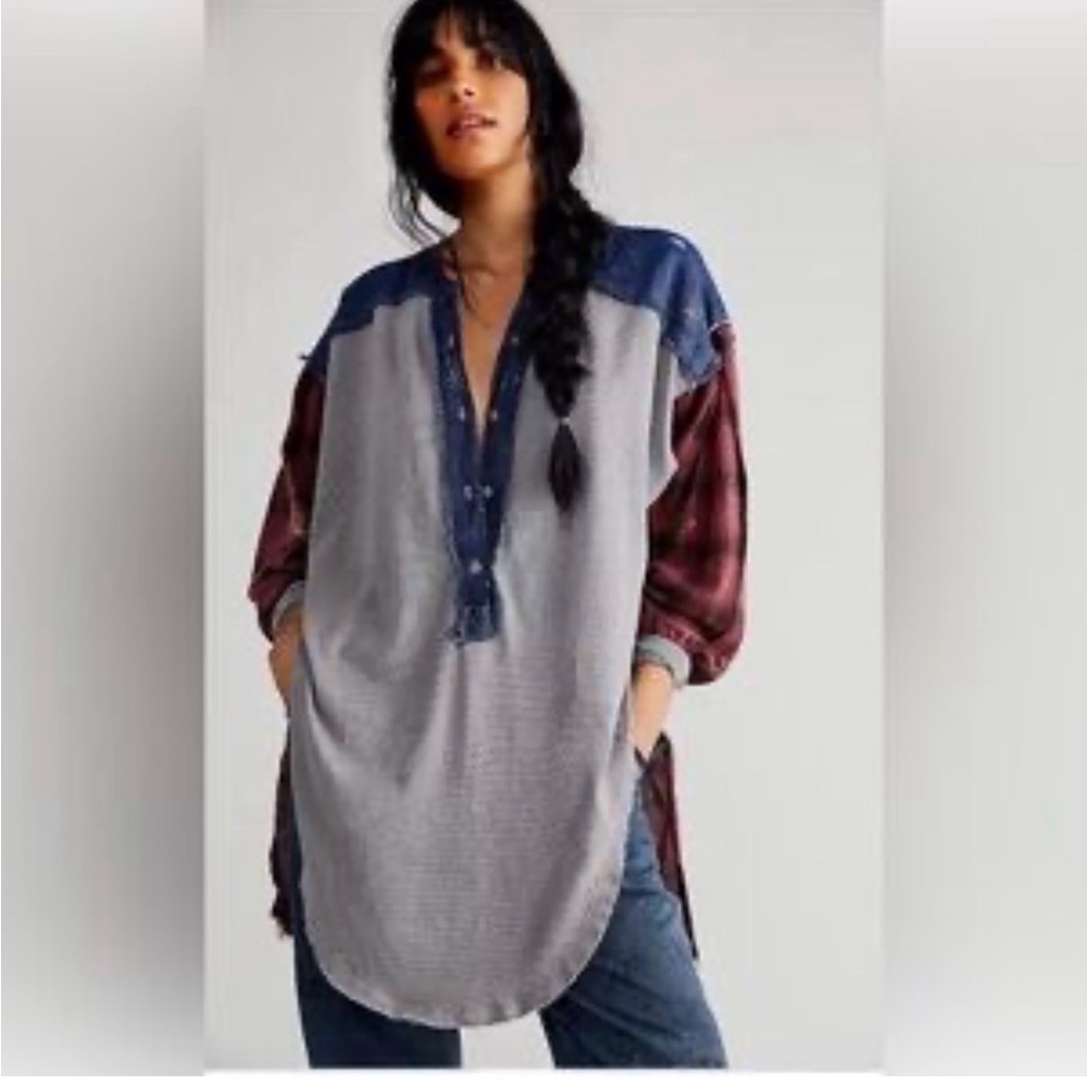 We The Free Gray Tunic with Blue Yoke and Burgundy Plaid Sleeves